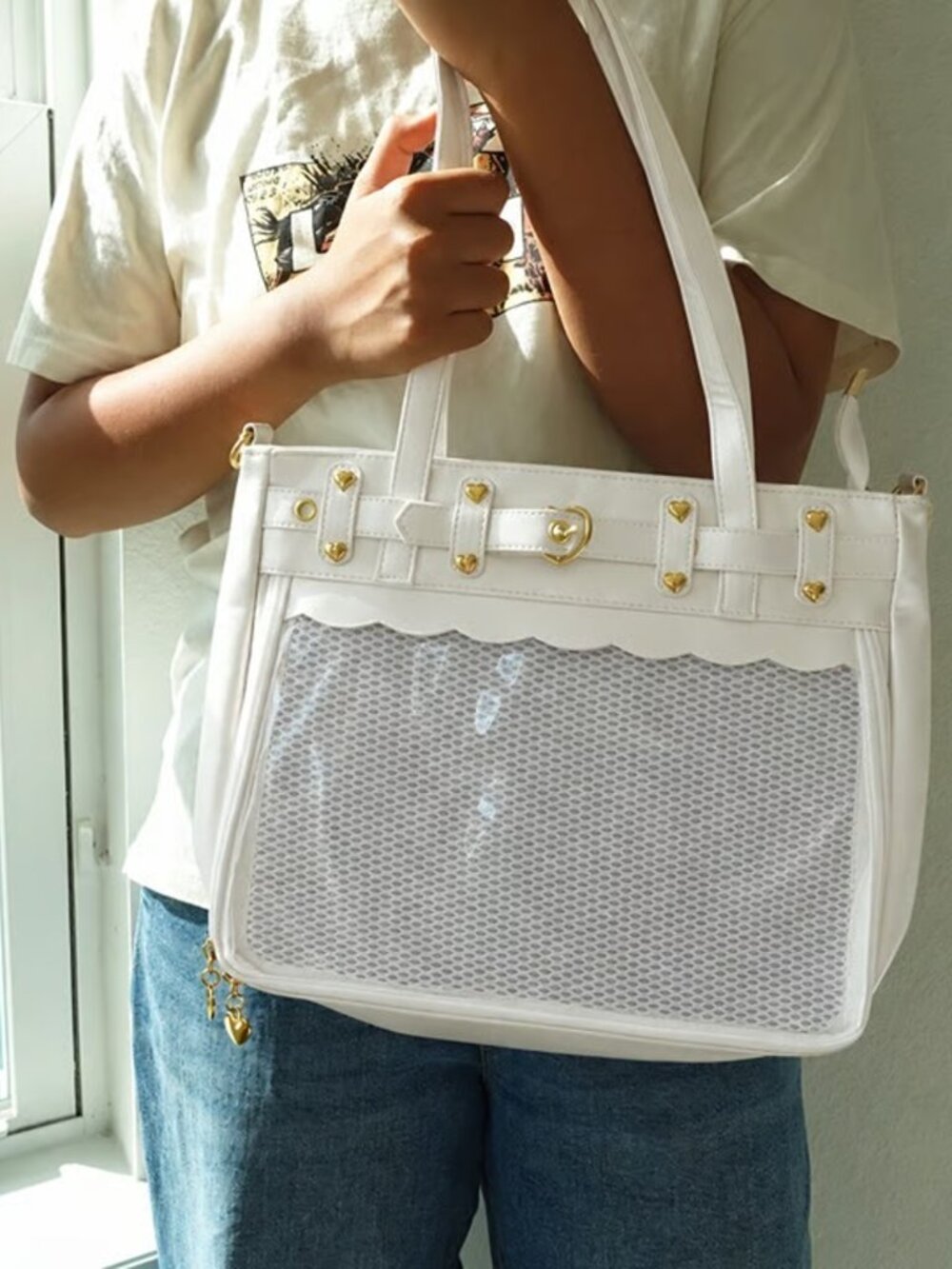 Ivory Ita Bag Tote Crossbody Pin Display Bag Kawaii Anime JK Heart Buckle Itabag